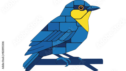 Stylized blue bird illustration with yellow throat, perched on a branch, composed of geometric shapes against a white background.