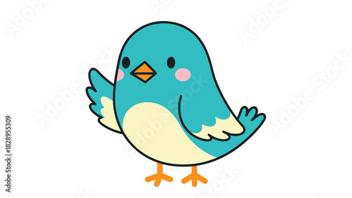 A cute cartoon blue bird with a light belly and orange beak waves its wing cheerfully.