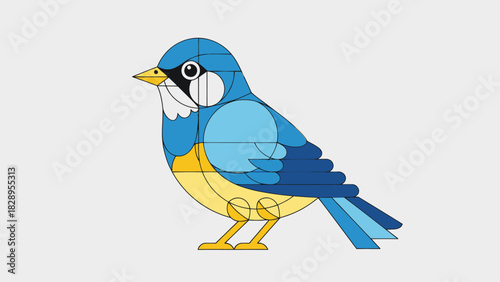 A stylized blue and yellow bird illustration designed with clean geometric shapes and bold outlines.