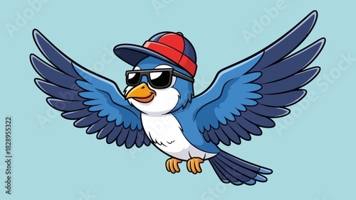 Cartoon illustration of a blue bird wearing sunglasses and a red and blue baseball cap, flying with its wings spread against a light blue background.