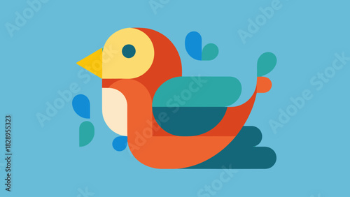 A stylized, colorful bird illustration with geometric shapes and teardrop accents on a light blue background.