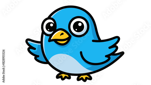 Cartoon illustration of a bright blue bird with a yellow beak and big eyes, standing against a white background.