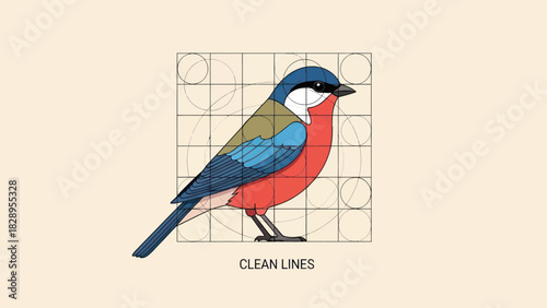 A colorful bird illustration designed with geometric precision using a grid and circles, showcasing clean lines.