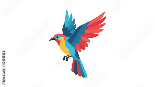 Colorful cartoon bird in flight with wings spread, isolated on white background, showcasing vibrant plumage.