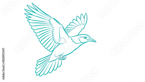A teal-colored line drawing of a bird in flight with outstretched wings, soaring gracefully.