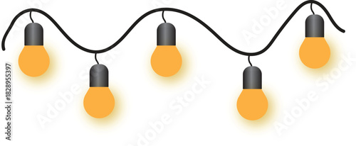 String of five glowing orange light bulbs on a black cord