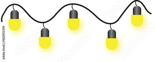 String of five glowing yellow light bulbs on a black cord
