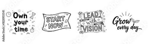 Inspirational hand-drawn typography designs with motivational phrases for personal growth