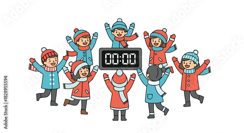 Excited kids in festive winter clothes cheering around a digital countdown timer at zero, celebrating a New Year's Eve or special event