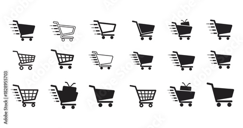 Collection of diverse black shopping cart icons with speed lines, symbolizing fast online retail and e-commerce services. Vector