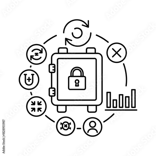 Digital data security and management concept with a strongbox and process icons, isolated on