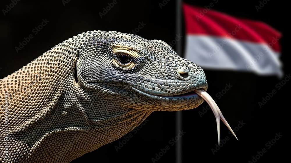 Obraz premium Close-up of a fearsome Komodo dragon with its tongue extended, set against the Indonesian flag background.