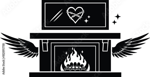 Dark vector art gothic fireplace with burning flames barbed wire heart painting and wide angel wings in monochrome silhouette style for dramatic romance heartbreak mood