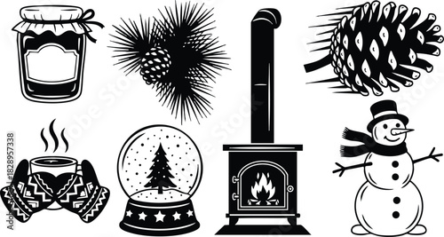 Cozy winter hygge vector art with jam jar pine cones wood stove snow globe mittens with hot drink and cheerful snowman icons in simple black style