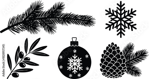 Monochrome vector art set with pine branch olive twig snowflake ornament and pinecone arranged separately for christmas and winter decoration design in minimalist silhouette style