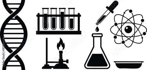 Monochrome vector art of dna helix with test tubes burner flask dropper atom symbol and petri dish arranged in horizontal science laboratory composition