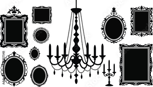 A grand chandelier and candelabra stand amidst a diverse array of filled vintage picture frame silhouettes