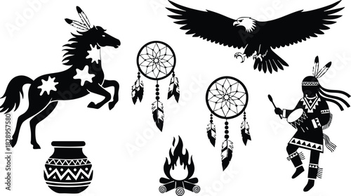 Black silhouette vector art of native american symbols with eagle horse dreamcatchers pottery and tribal dancer around campfire in simple monochrome style