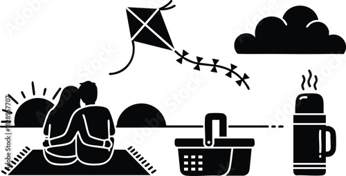 Flat design sunset picnic vector art with couple cuddling on blanket flying kite near basket thermos cloud and minimal horizon landscape romance mood