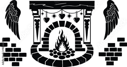 Vector art gothic fireplace with burning flames hanging heart garlands star ornaments broken brick wall fragments and large angel wings in bold black silhouette style romantic mood