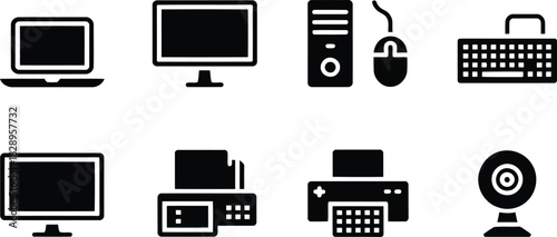 A grid of eight black silhouette icons showcasing essential computer hardware and electronic office equipment on white
