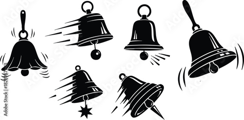 Dynamic black vector art of ringing hand bells in six different swinging poses with motion lines and clappers on white background creating energetic minimalist silhouette style