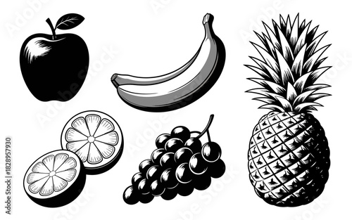 Classic engraving style fruit collection: apple, banana, pineapple