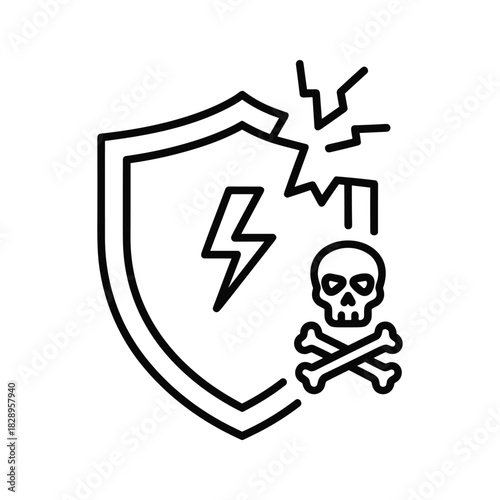 Cyber security shield breaking with lightning and skull crossbones icon, isolated on