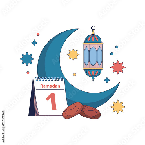 Ramadan first day with crescent moon, fanoos, dates, calendar