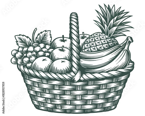 Engraved style fruit basket with grapes, apples, bananas, pineapple