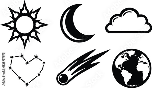 Monochrome vector art set of stylized sun with hearts moon cloud heart constellation comet and earth icons arranged in two rows on white background