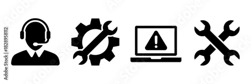 Customer help, tech support, computer fix, maintenance icon set.