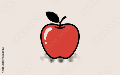 Stylized red apple with stem, leaf, bold outline, halftone shadow design.