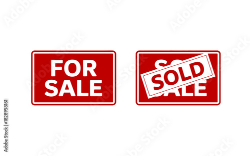 For sale and sold red signs for property and real estate deals