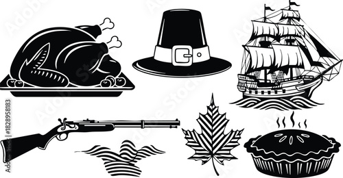Black silhouette vector art of thanksgiving turkey platter pilgrim hat sailing ship rifle maple leaf waving flag and steaming pie icons in horizontal layout