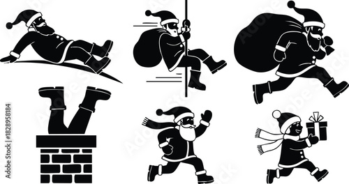 Flat silhouette vector art of santa claus sliding on roof climbing pole running with gift sack diving in chimney and child carrying present in playful christmas poses