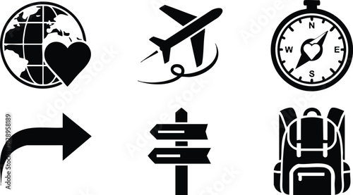 Flat travel vector art with black globe heart airplane compass arrow direction signpost and backpack icons arranged in two rows on clean white background