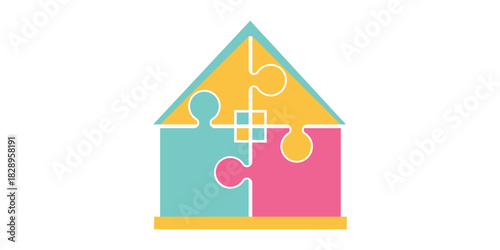 Four interlocking house icon in different colors, symbolizing teamwork, problem solving, connection, strategy
