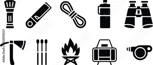 A group of ten black silhouette icons showcasing various essential items for camping and outdoor adventures