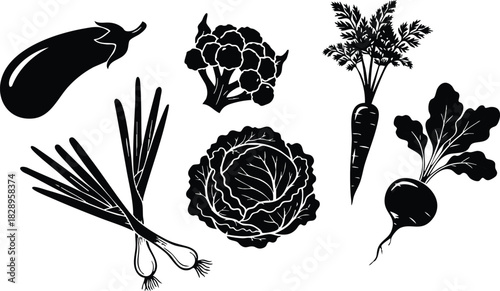 Flat vector art collection of black vegetable silhouettes including carrot cabbage beet eggplant cauliflower spring onion and leek arranged separately on clean white background for farm designs