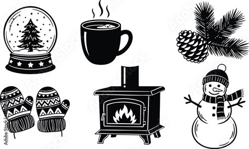 Black winter vector art with snow globe mug of hot drink pine branch fireplace knitted mittens and snowman icons in cozy festive christmas style