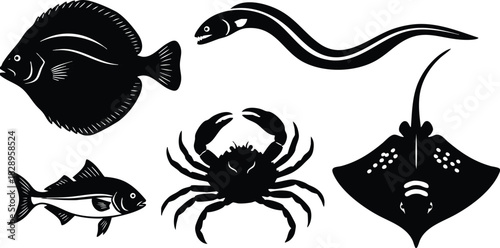 Flat black marine animal silhouettes with flounder eel crab stingray and fish arranged in loose circle minimal vector art on clean white background for seafood graphics