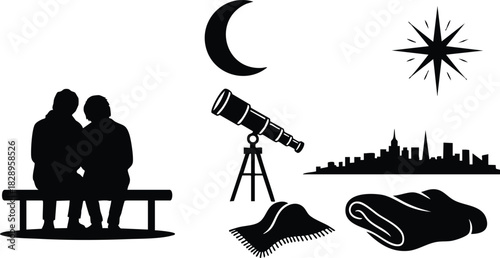 Romantic vector art silhouette couple on bench with telescope moon star city skyline and picnic blankets under clear night sky atmosphere