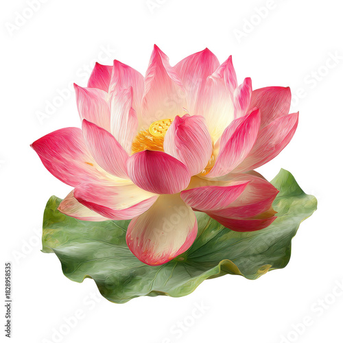 Beautiful pink lotus flower blooming on a green leaf in natural sunlight during mid-summer season
