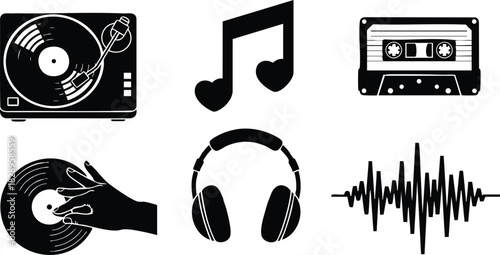 Retro vector music icons with vinyl turntable cassette tape headphones audio waveform and heart note in minimalist black silhouette style on clean white background