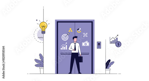 Businessman with a briefcase stands in an elevator representing a career boost and business growth with success icons.