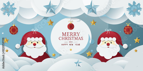 Festive christmas background with santa claus faces and decorative winter elements