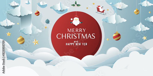 A festive christmas scene with paper clouds santa and a sleigh