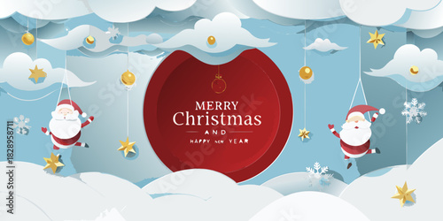 A festive christmas scene with santa claus ornaments and fluffy white clouds