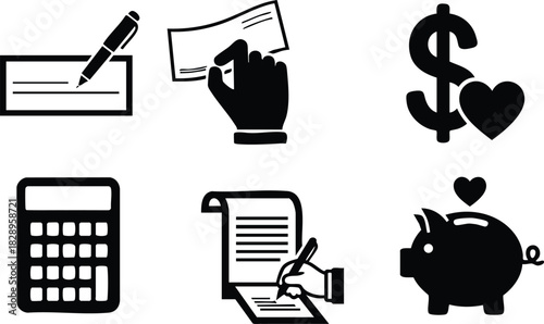 Monochrome vector art of financial icons with check writing hand dollar and heart calculator contract signing and piggy bank saving symbols in simple minimalist style